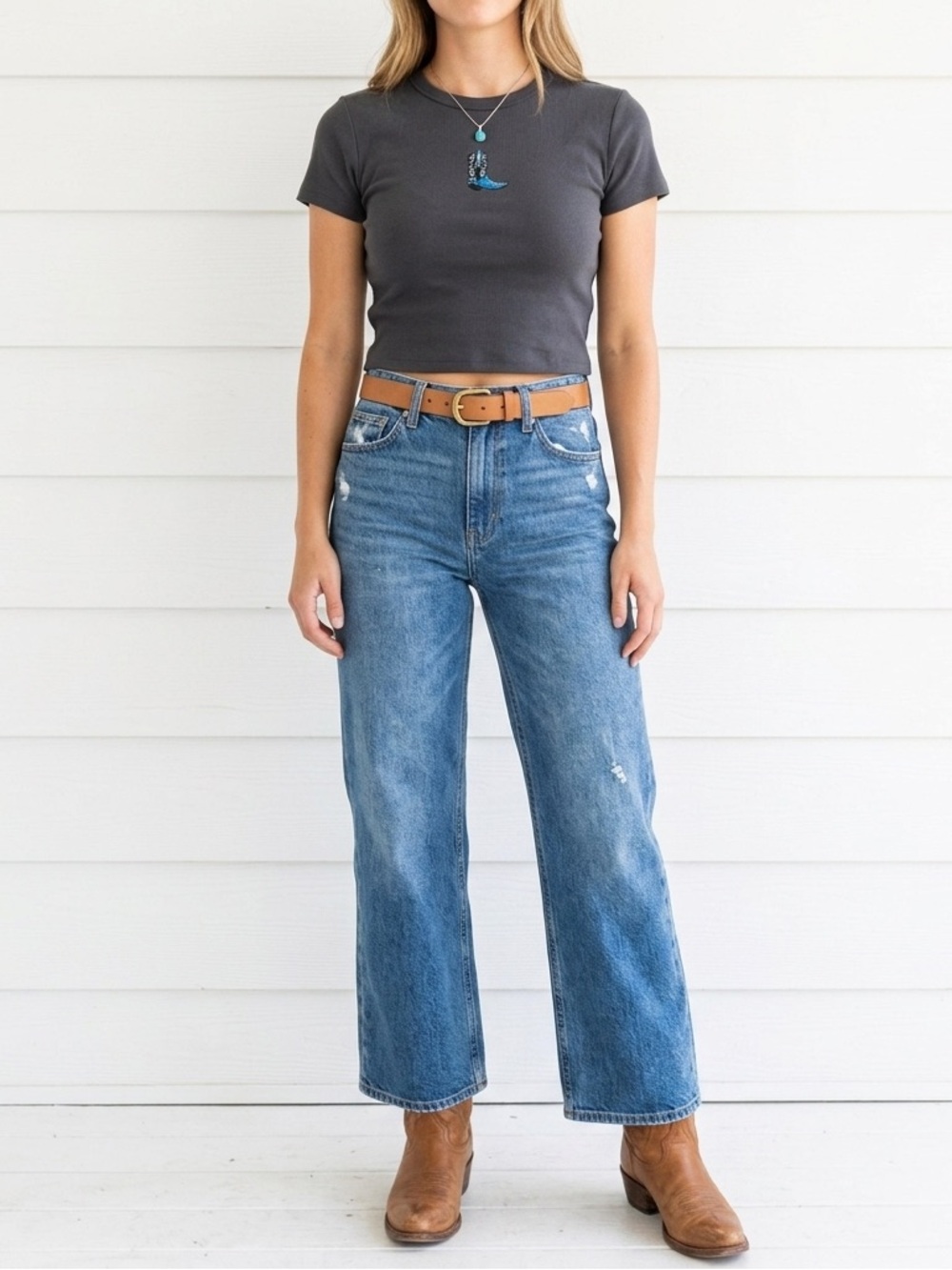 FULL TILT Black Cotton Medium Crop Tee with Blue Boot Graphic Cowgirl Western